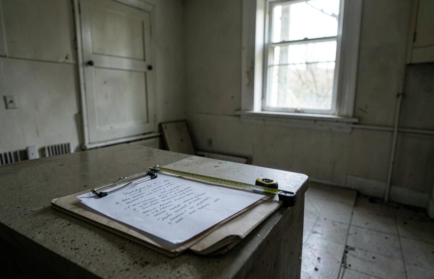 Property documents, a tape measure, and a notebook on a kitchen counter during a home walkthrough
