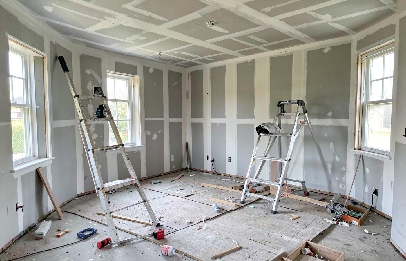 Interior of a house mid-renovation with exposed drywall seams, subfloor, and ladders